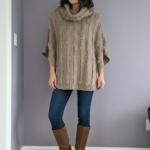 Cozy Tan Cable Knit Poncho - Picture 2 of 3